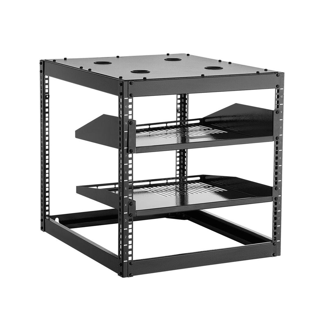 10U Open Frame Network Rack, 585 mm Depth, Wall Mounted or Floor Standing Server Rack, Heavy Duty 4 Post, with Vented Shelves & Mounting Hardware,