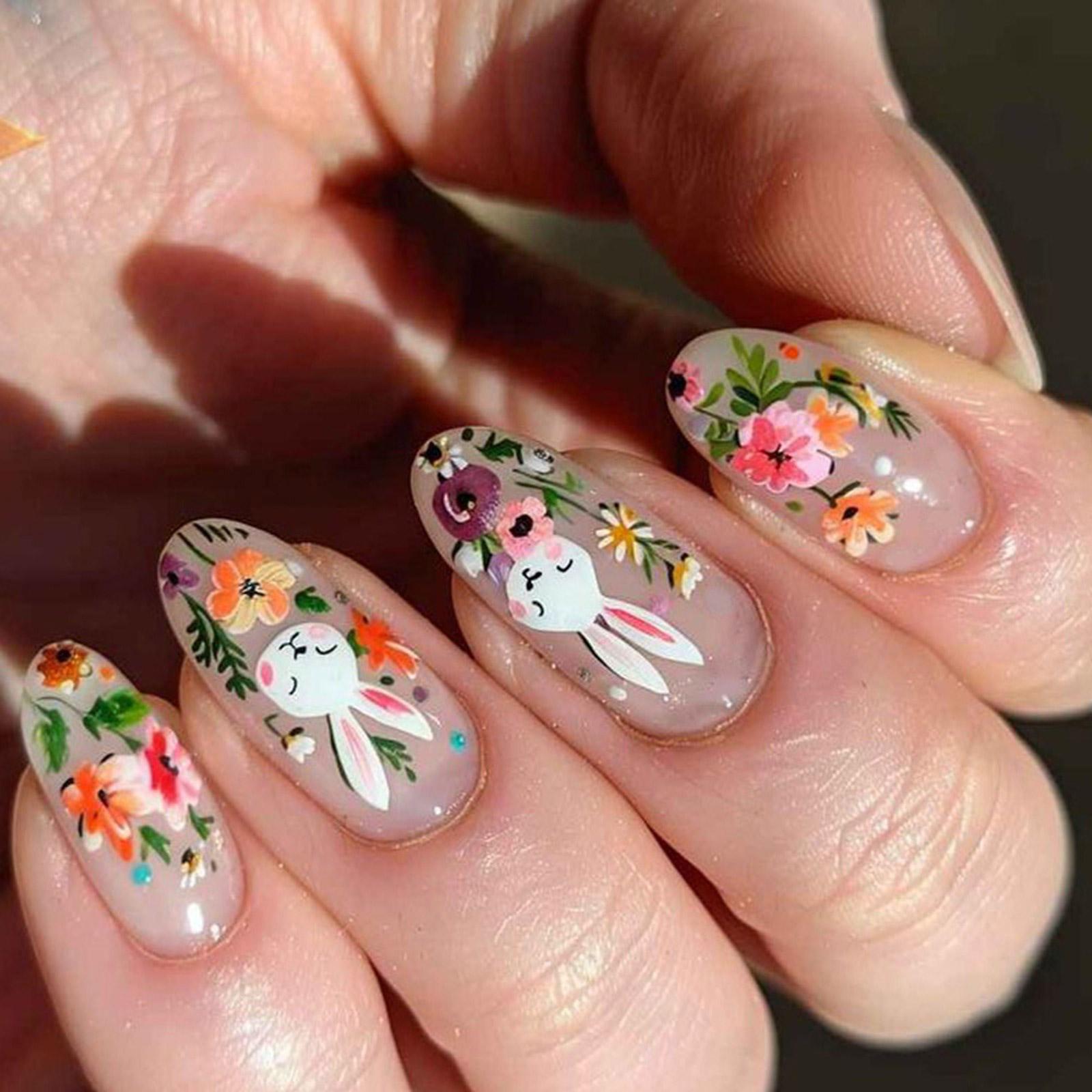 

24 штуки Пасхальные накладные ногти глянцевые акриловые накладные ногти с цветочным дизайном наклейки для маникюра для женщин и девушек