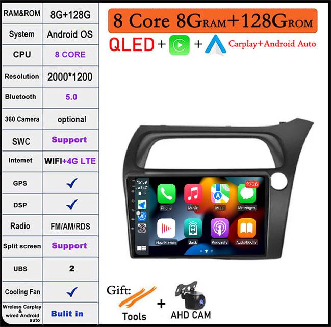 9 Lnch Android 14 For Honda Civic Hatchback 2006-2011 Car Radio Player Video Multimedia Carplay IPS DPS Navigation DSP Screen