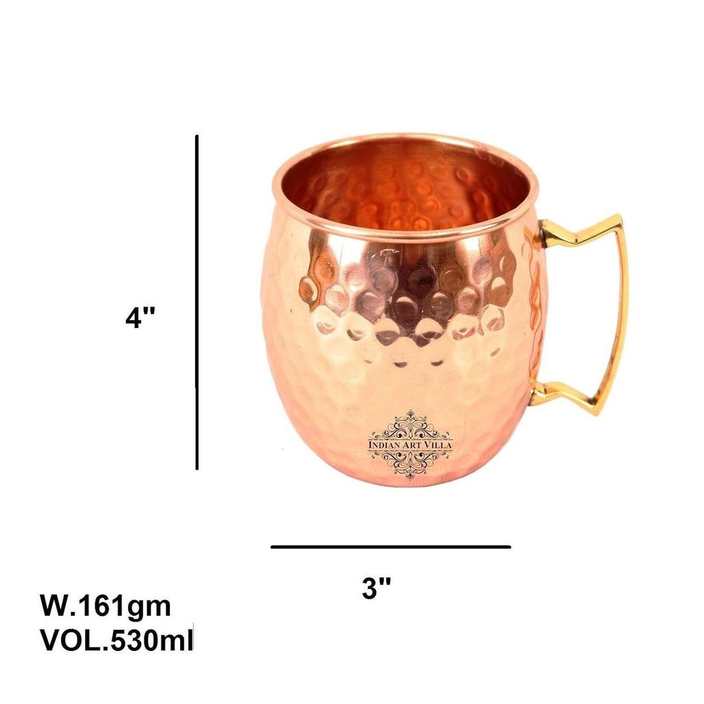 Pure Copper Round Shaped Shine Hammered Design Moscow Mule Beer Mug Cup, Best for Beer Cocktail Parties, Barware, Volume-530ML, Set of 6