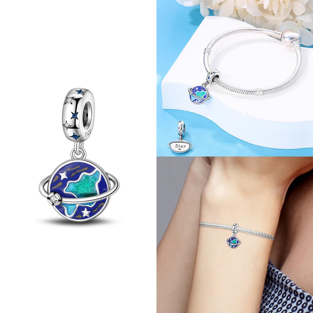 925 Silver Blue Starry Sky Sun Pendant Planet Charms Beads Fit Bracelet Women Jewelry Diy Necklace Accessory Gift