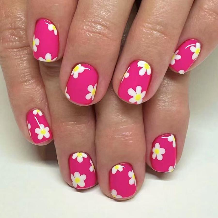

24-Piece Rose Red Sweet White Yellow Flower Glossy Square Nails - Spring/Summer Style