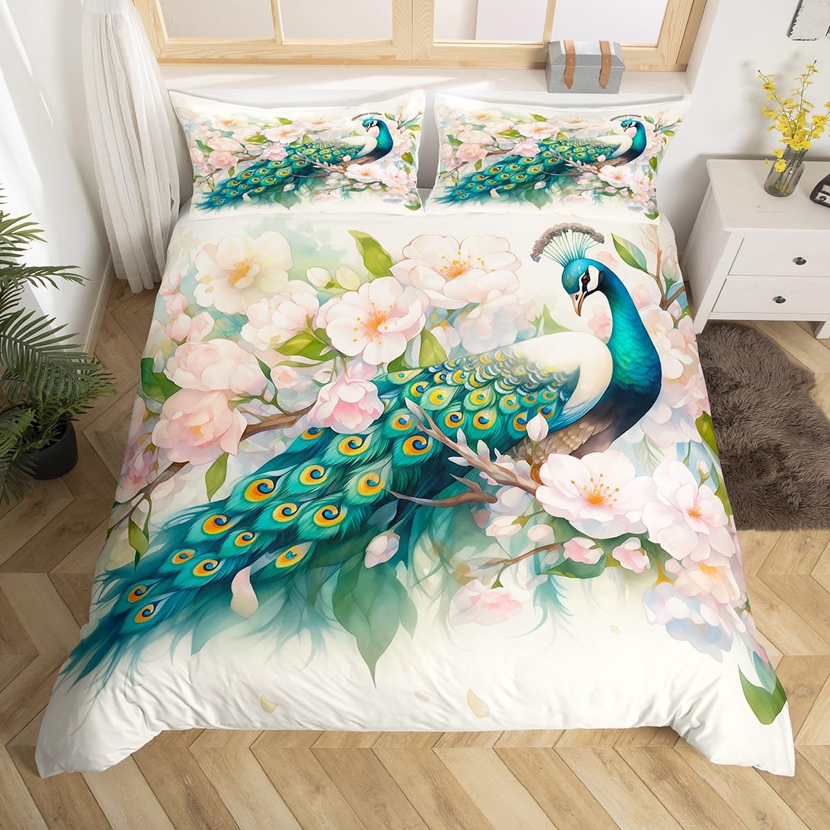 Peacock Duvet Cover Twin Full Queen King Chinese Style Peach Blossom Flowers Retro Bedding Set Wild Animal Print Comforter Cover EU Single(135*200cm)3pcs