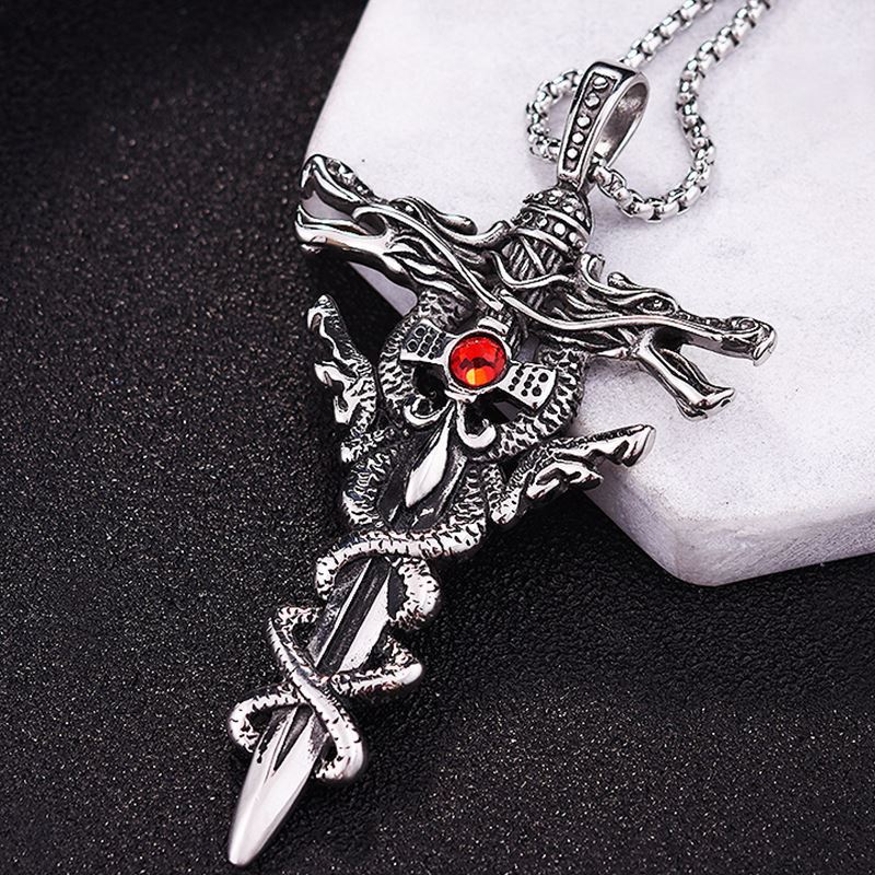 Winding Cross Pendant Necklace Cool Hip Hop Red Stone Vintage Copper Color Stainless Steel Chain Women Men Punk  Jewelry Gifts
