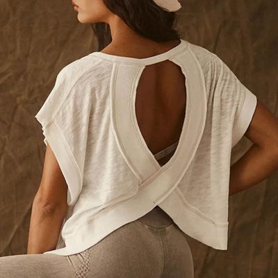 Yousheng Women Running T-shirt Round Neck Short Sleeve Backless Sports Top Loose Fit Solid Color Casual Gym Tops