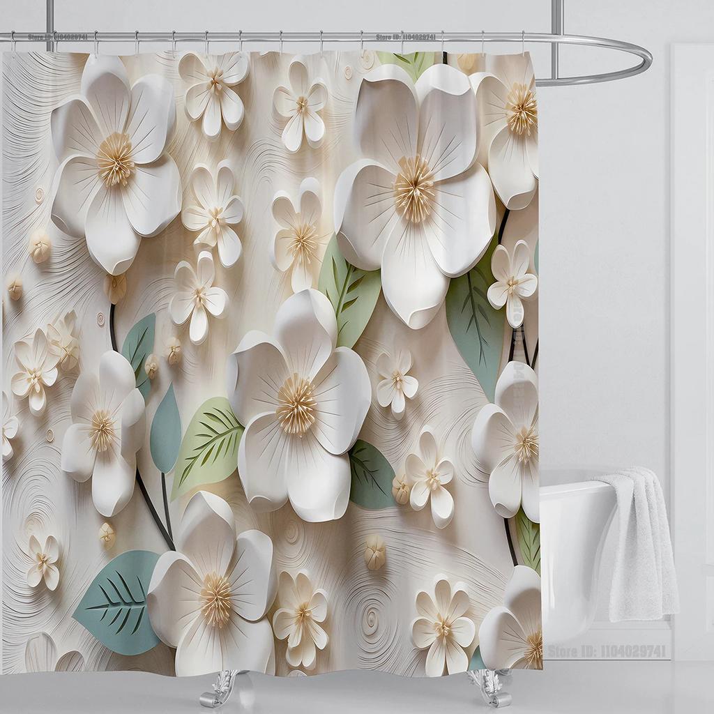 3D Floral Shower Curtain Set Orange Flower Design Fabric Bathroom Decor Waterproof Washable Shower Curtain Set With Hooks