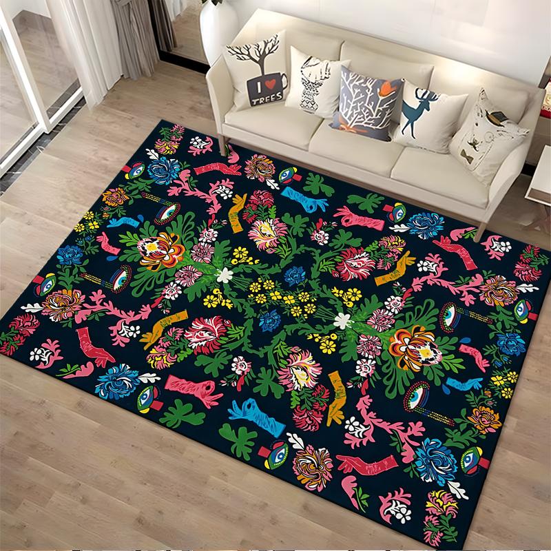Colorful Artistic Floral Carpet with Eye Symbols and Hand Motifs Suitable for Use As an Anti-slip for Living Room Bedroom Sofas
