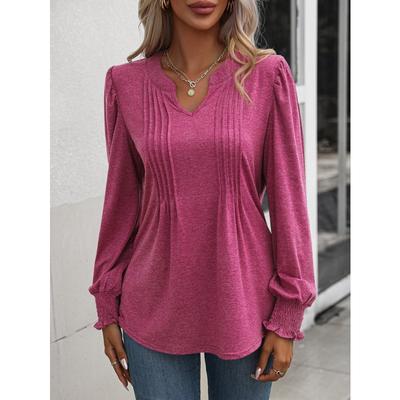 Blusa feminina de primavera e outono, cor sólida, casual, manga bolha, decote em v, manga comprida