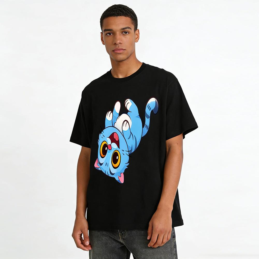 Cute Blue Cat Lying Print T-Shirt for Adults & Kids Casual Breathable Crew Neck Short Sleeve Top Pure cotton T-shirt