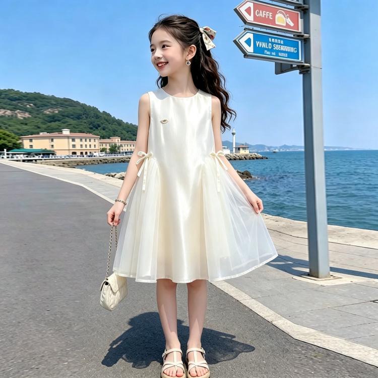 2026 New Girls  White Sleeveless Mesh Bow Princess Midi Dress for Summer 100 cm