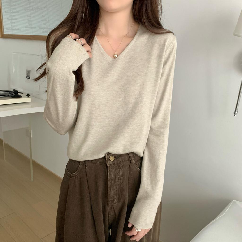 Powder Blue Elegant Fresh Youthful V Neck Loose Long Sleeve Sweater Women Autumn Commute Base Layer Top