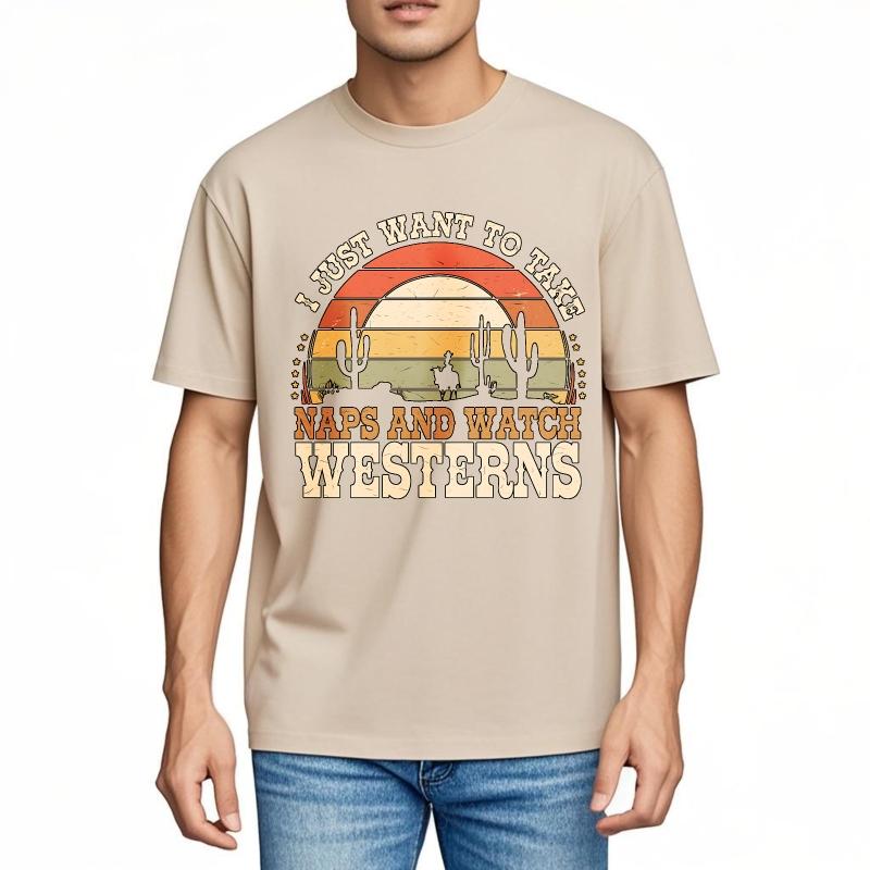 Street Wear Boys short sleeve tshirt Black Sunset Cactus Cowboy Horse Naps Westerns fashion Unisex tops Unisex fashion tshirt
