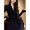 Spring and Autumn New Black V-Neck Knitted Dress Casual Female Slim Skinny Niche Long Dress