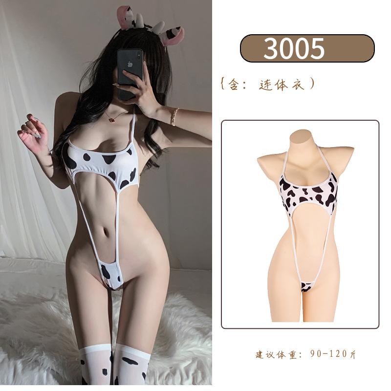 Lingerie sexy giapponese uniforme da mucca tuta intera bikini sexy a tre pezzi traforato cosplay pezzo unico