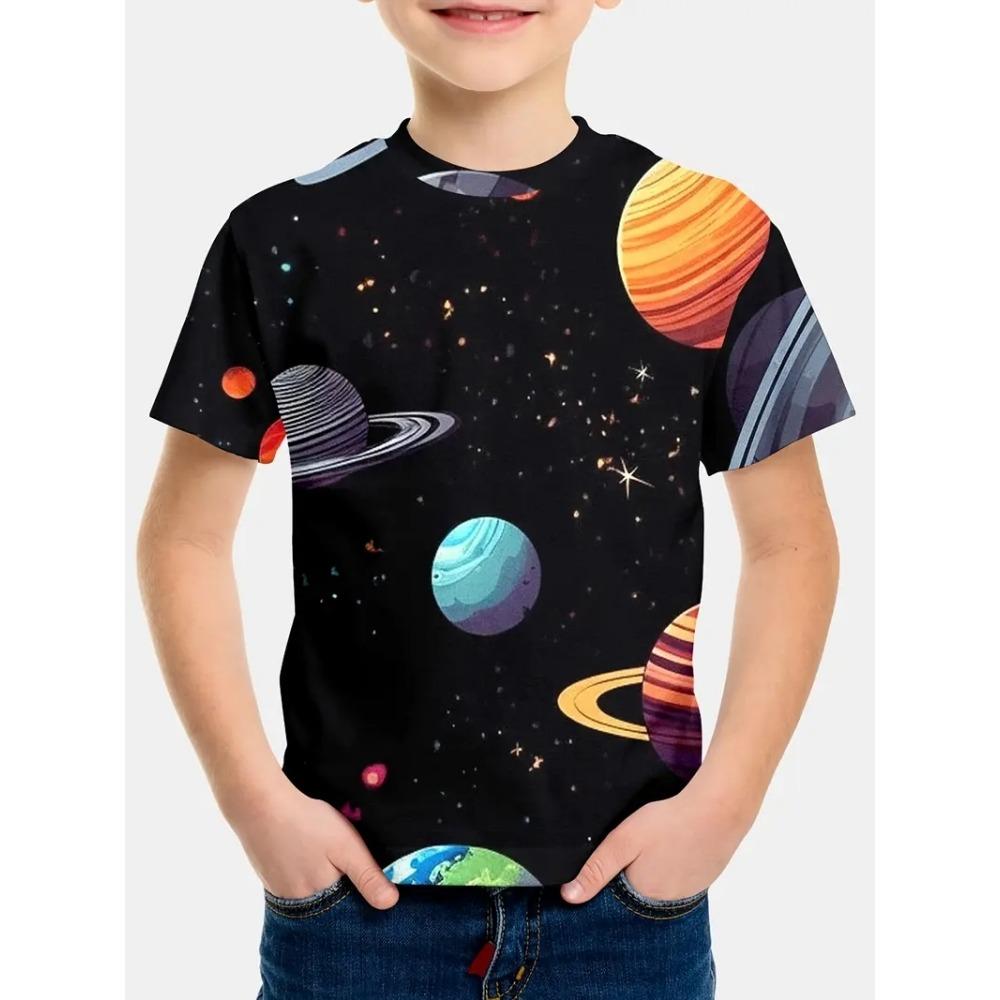 Children's clothing, boys' breathable and suitable T-shirt, 3D printed space pattern short sleeved shirt, boys' summer fashion, cool round neck top