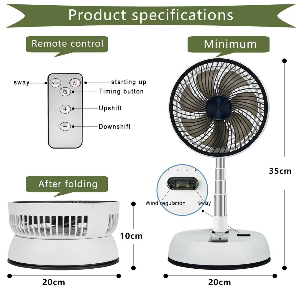 Remote control retractable folding vertical fan USB outdoor camping convenient fan 180 °+90 ° shaking 8-inch desktop fan