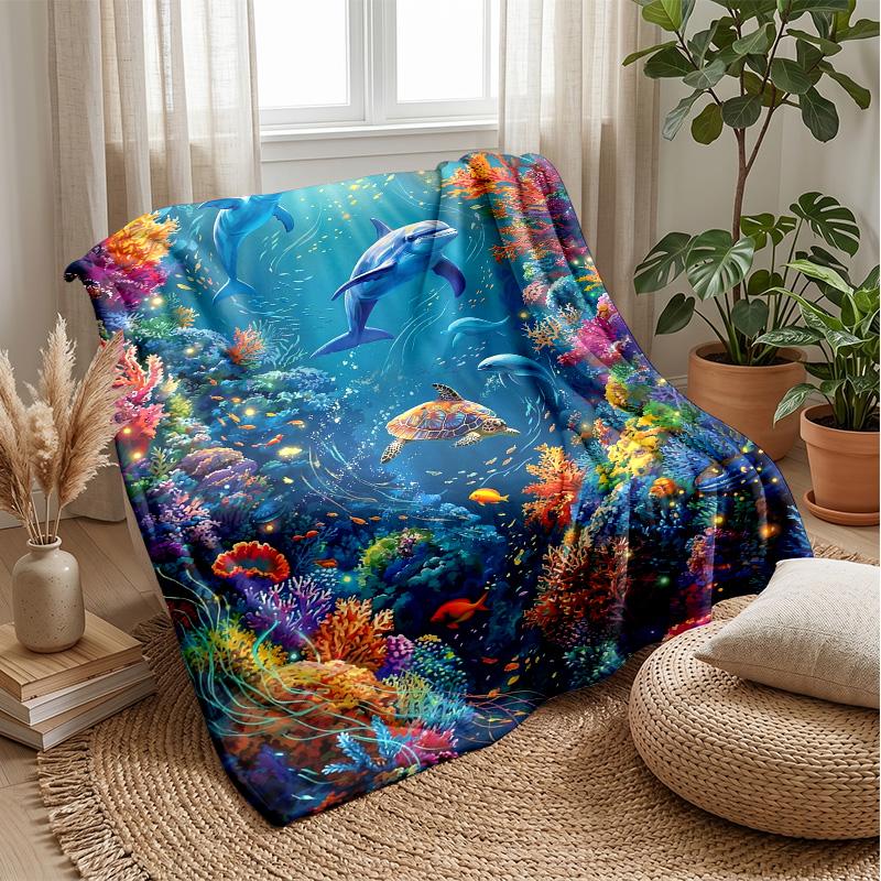 Ocean Love Dolphins Theme Blanket Lightweight Warm Flannel Blanket Decorative Throw Blanket for Home Decoration