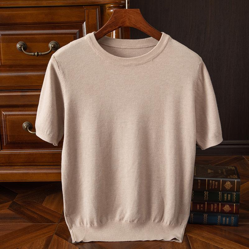 Men Solid Color Knitted Short Sleeve Round Neck T Shirt