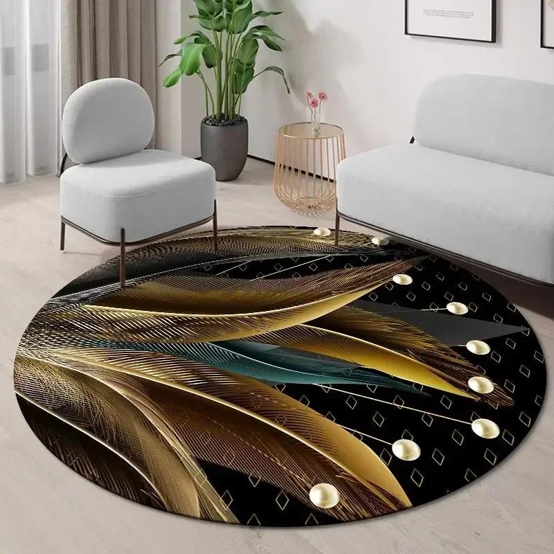 Goldenes Ginkgoblatt Runder Teppich Abstrakt Geometrischer Bereichsteppich für Wohnzimmer Schlafzimmer Küche Dekorativ Rutschfest Innenbodenmatte