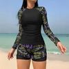 New European and American Swimwear, Long-sleeved Printed Spliced Double-layer Shorts, Women's Split Tankini