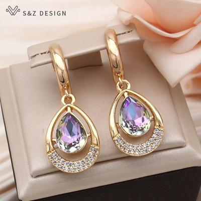 Fashion Water Drop Crystal Dangle Earrings For Women Elegant Jewelry Champagne Gold Color Cubic Zirconia Eardrop