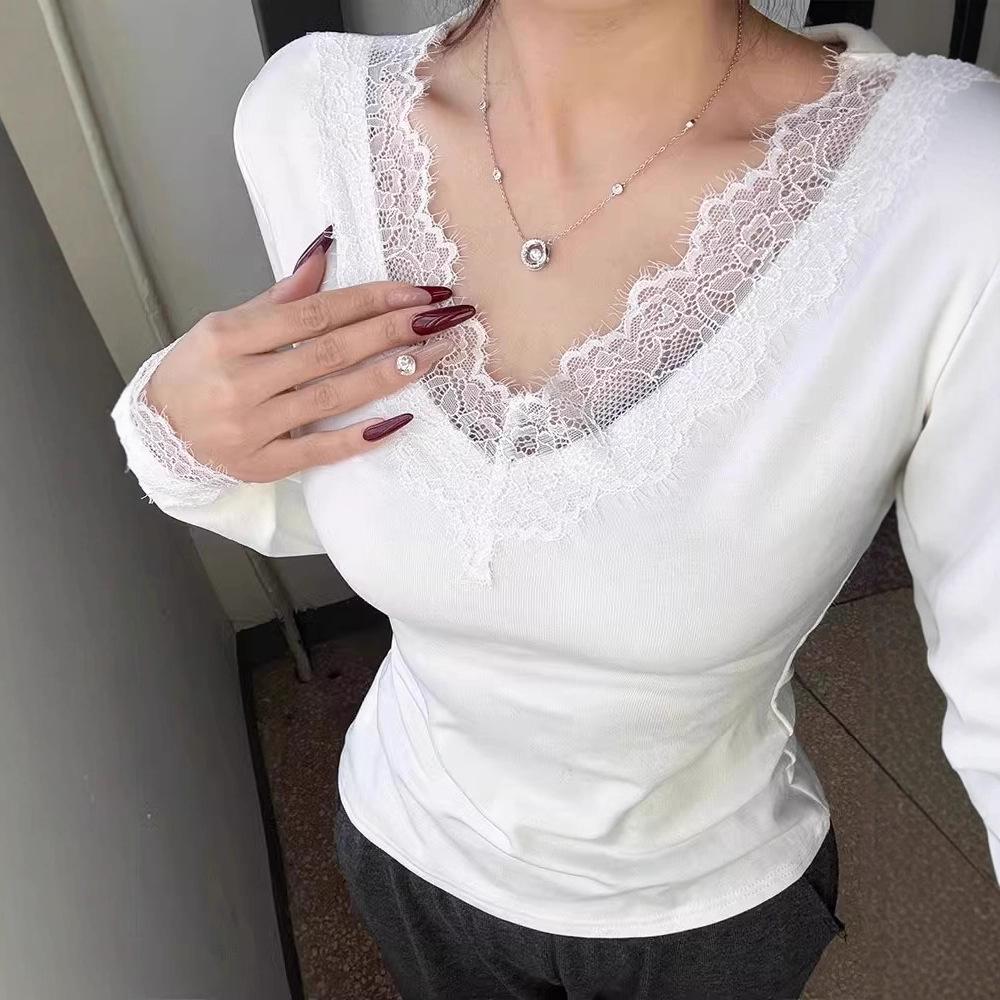 Damen V-Ausschnitt Langarm-T-Shirt mit Spitzenbesatz – Pure Desire, Herbst/Winter, Hochwertiges Gefühl, Enganliegende Basis.
