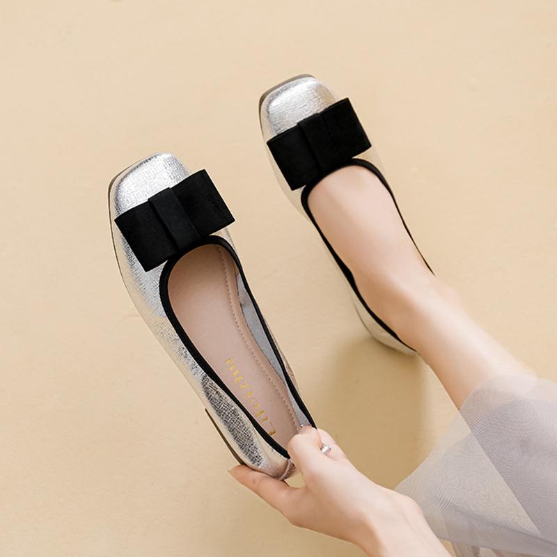 Fashion Silver Leather Bowknot Flat Shoes Woman Square Toe Glitter Ballet Flats Women Cozy Foldable Shoes Slip On Loafers Big Size 43