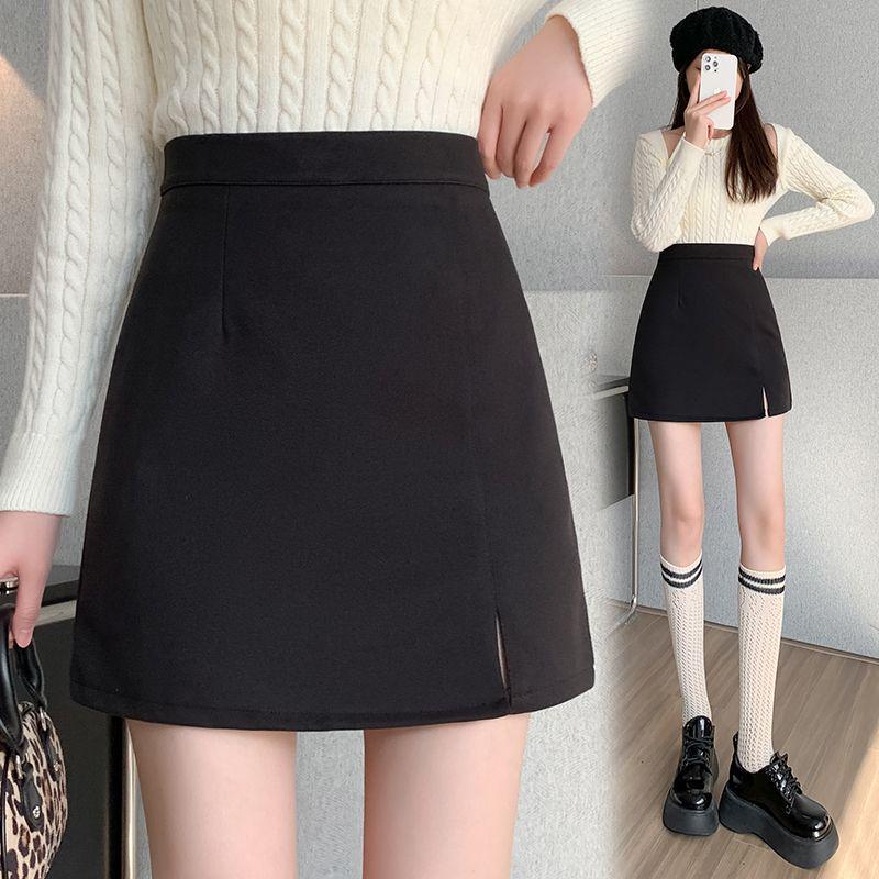 Petite High Waist Zipper Slit A-line Mini Skirt – Spring & Autumn Slimming Hip-Hugging Style.