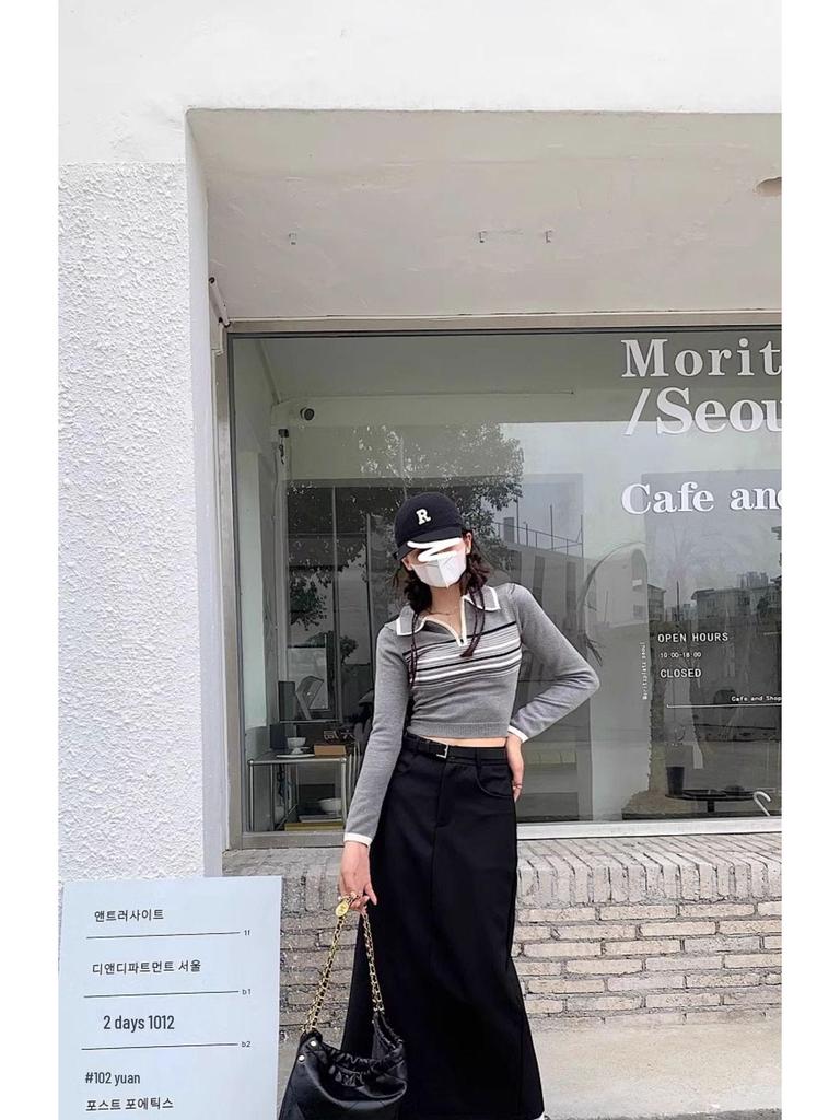 Plus Size Slimming Grey A-Line Midi Skirt with Slit