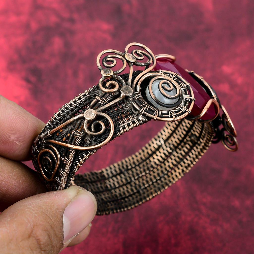 Faceted Kashmir Ruby Bangle Rainbow Moonstone Cuff Bracelet Copper Wire Wrapped Adjustable Bangle Handmade Copper Jewelry Gemstone Bracelet