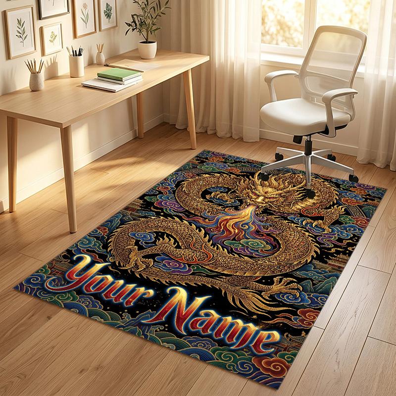Dragon Phoenix Theme Crystal Velvet Rug Personalized Custom Name Text Soft Floor Mat Home Decor