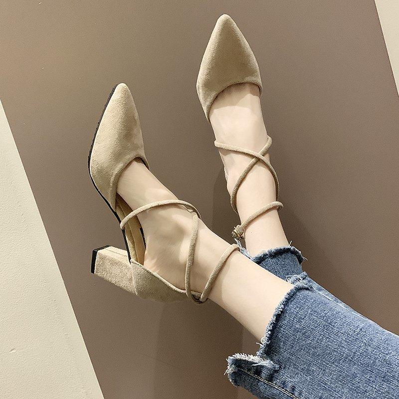Fashion High Heels Women's Summer Block Heel Pointed Toe Shallow Cross Lace-up Roman One Buckle Strap Hollow Sandals
