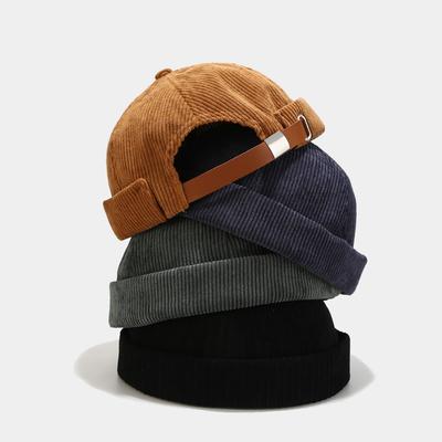 Orduroy Brimless Hat with Faux Leather Patch - Soft, Warm Textured Fabric Cap for Fall & Winter