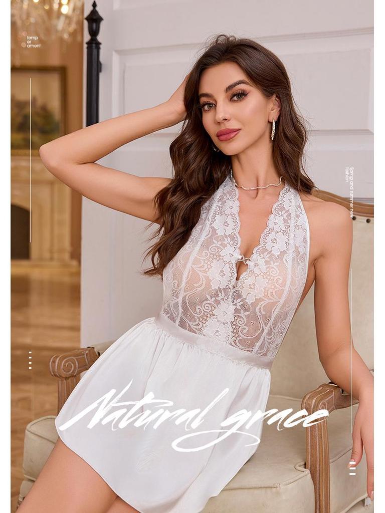 Yaoting Damen Spitze Neckholder Rückenfreies Nachthemd - Europäischer & Amerikanischer Stil, Sexy Sommer Trägerkleid DQ3560