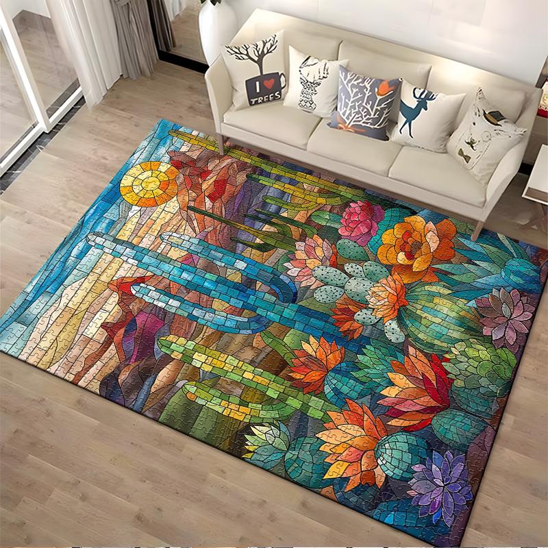 Colorful Stained Glass Style Cactus and Floral Design Carpet Rug Suitable for use as an anti-slip for living room bedroom sofas