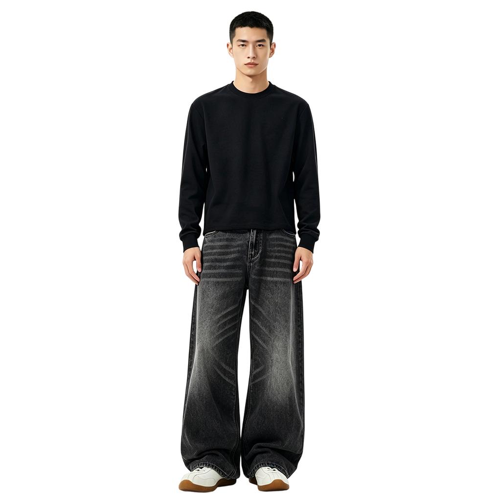 Men's Loose Fit Curved Leg Jeans, Denim Pants with Whiskering for Spring and Fall