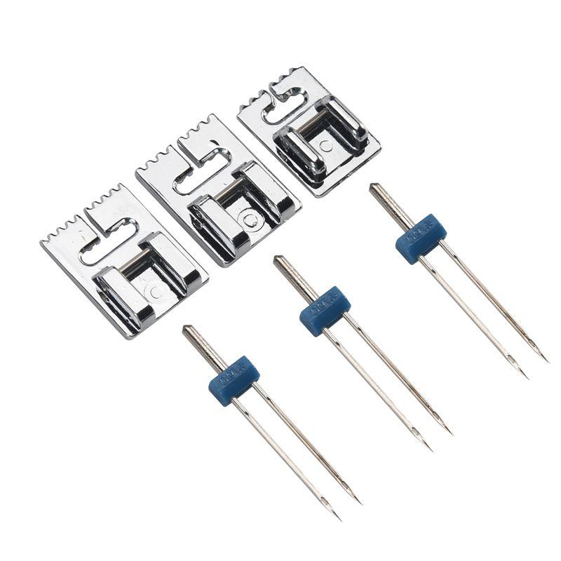 Feb.3 Pcs Double Twin Needles Pins (3 Size Mixed 2.0/90 3.0/90 4.0/90) With 3Pcs Groove Pintuck Presser Foot Sewing Machine Acce