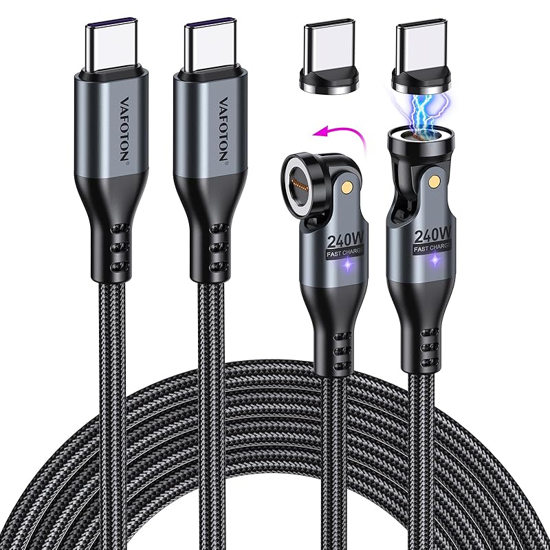 

VAFOTON 240W compatible 9pin magnet Charging cable [1M+1.8M] 540 degree rotation 5A super fast charging Data transfer possible with adapter USB-C to