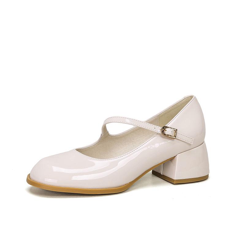 Mjukt läder retro ord med Mary Jane skor dam minimalistiska high-end bekväma lätta mun tjock klack enkelskor