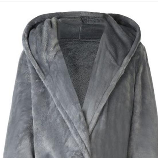 Long Sleeve Pockets Belt Solid Color Men Bathrobe Winter Warm Hooded Fleece Lengthened Nightgown Sleepwear