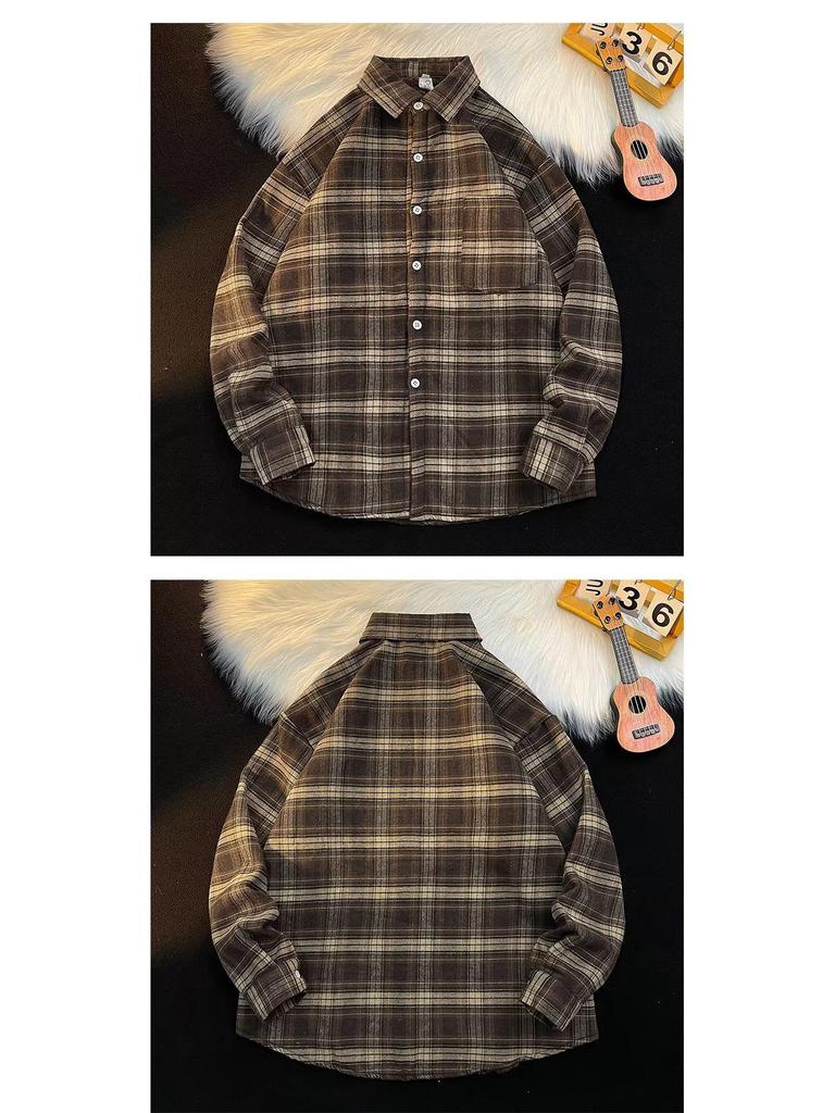 Men's High-End Hong Kong Style Plaid Fleece Shirt: Trendy, Warm, Stylish Long-Sleeved Autumn/Winter Innerwear.