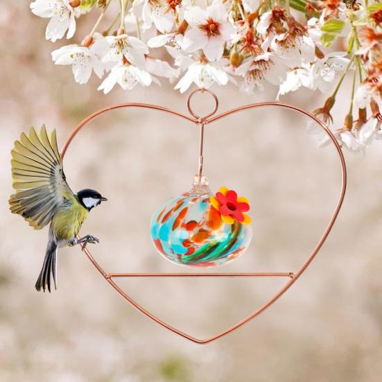 Heart-Shaped Hummingbird Feeder Hanging Water Feeder with Perch Colorful Glass Bottle Wire Frame Hummingbird Feeder for Porch Yard Garden Outdoor