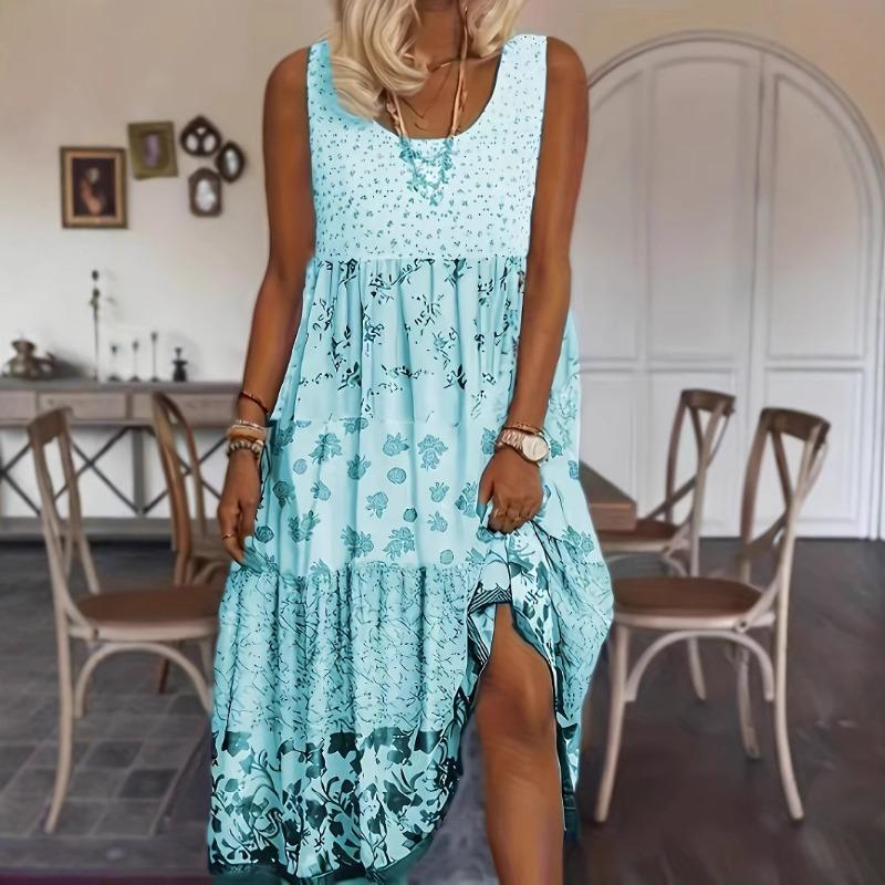 Summer New Women's Dress O-neck Flower Print Elastic Comfortable Simple Vacation Beach Sundress Midi Skirt