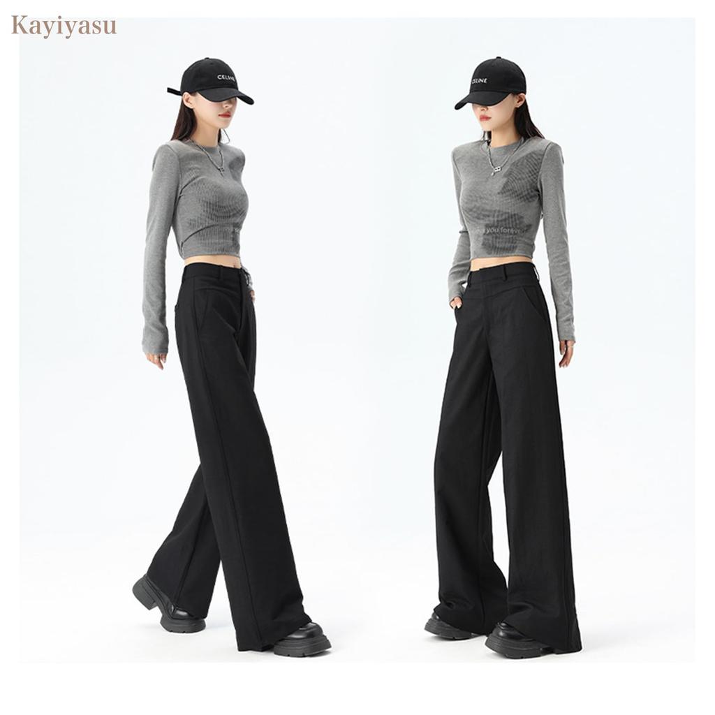 Kayiyasu Loose Solid for Everyday Summer Women's Wide-Leg Pants, Spring/Summer, High-Waisted, Fit, Slimming, Flattering, Leg-Lengthening, Soft,