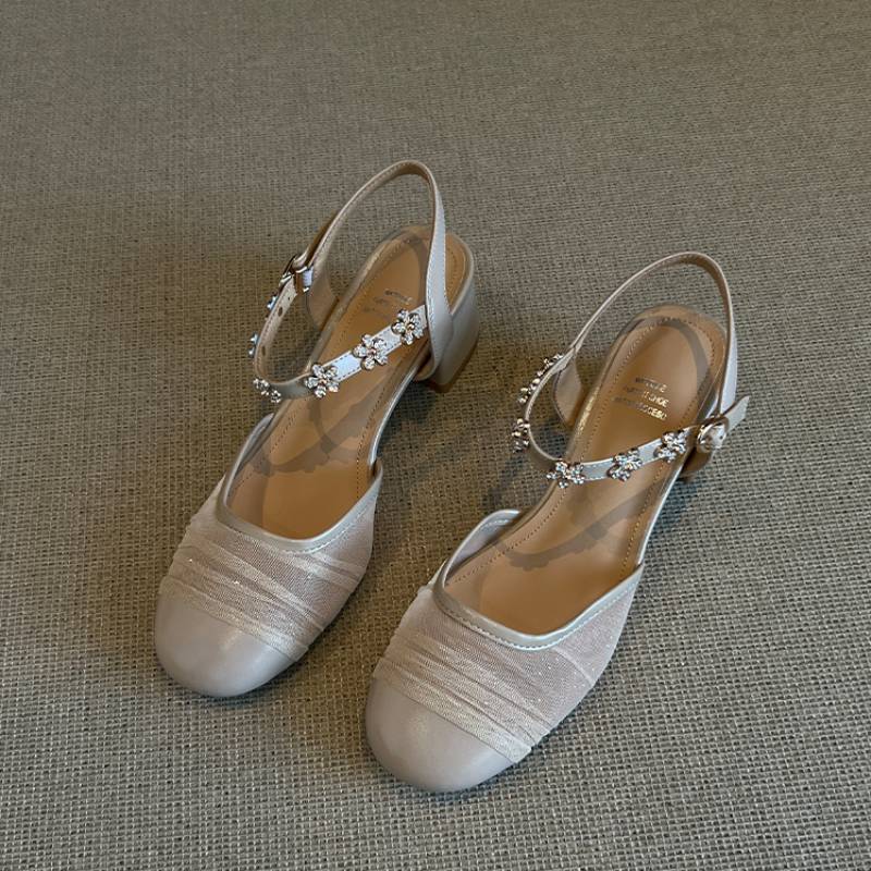 

French retro bag head sandals women s summer breathable women s shoes leather silver with skirt high heels thick heel cool single shoes 35 абрикосовый