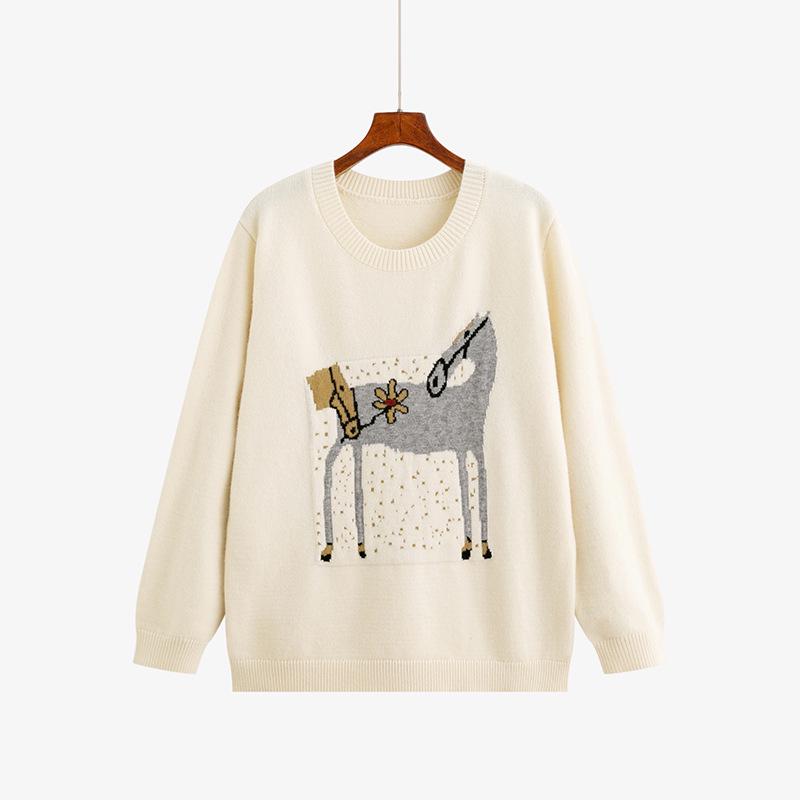 

Plus Size Women s Jacquard Knit Round Neck Sweater - Winter 2025 Casual Loose Fit XL (60-80 kg) абрикосовый