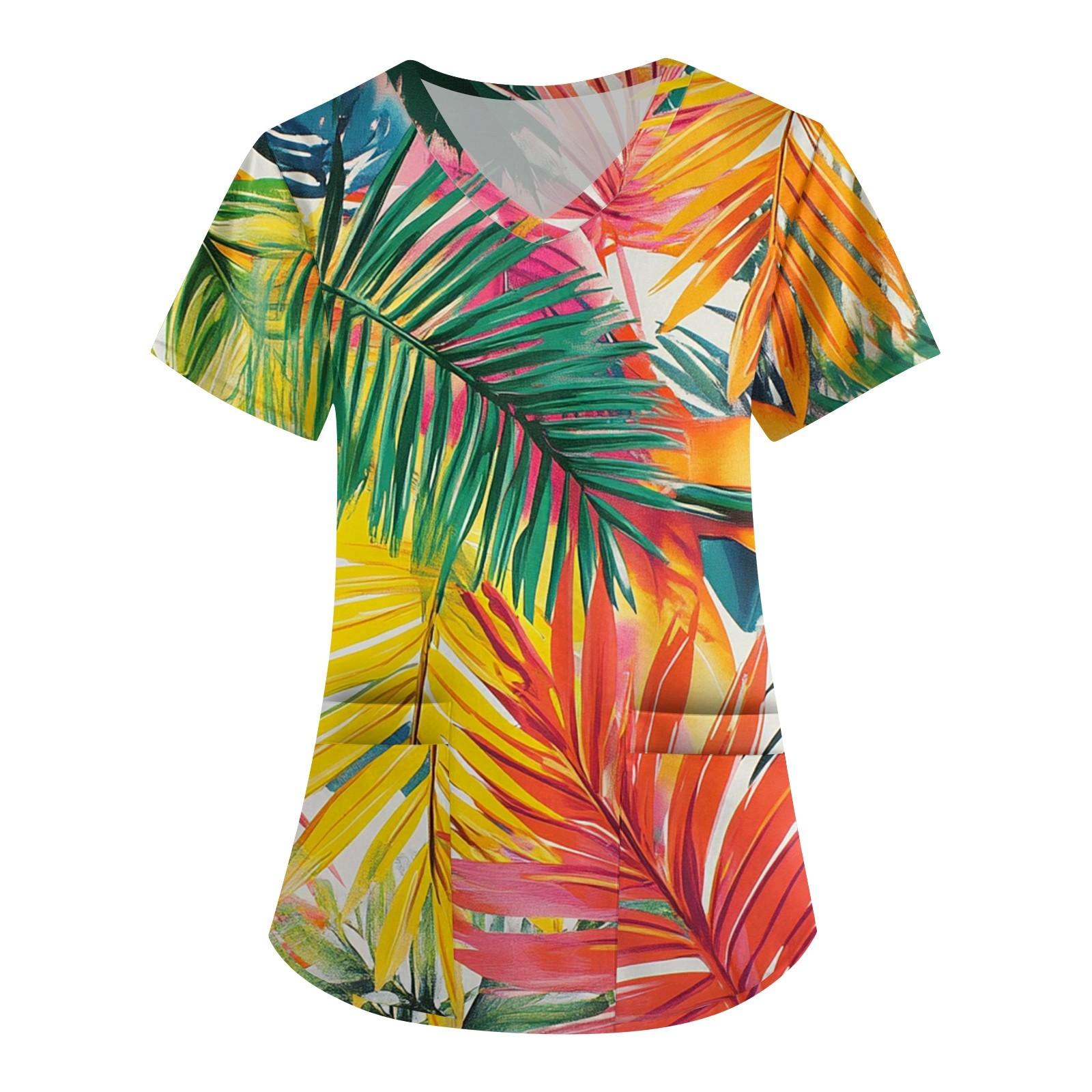 

Женская мода V-образный вырез с короткими рукавами рабочая одежда с карманом гавайский принт топ костюм для ухода XL жёлтый