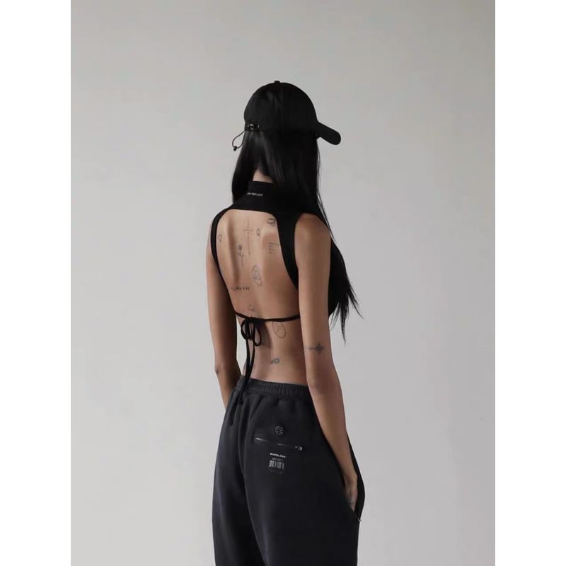 

Badblood Open Back Half Turtleneck Sleeveless Vest Women s Short Silm Sexy European and American Sexy Style with Chest Pad Black without chest pad XS