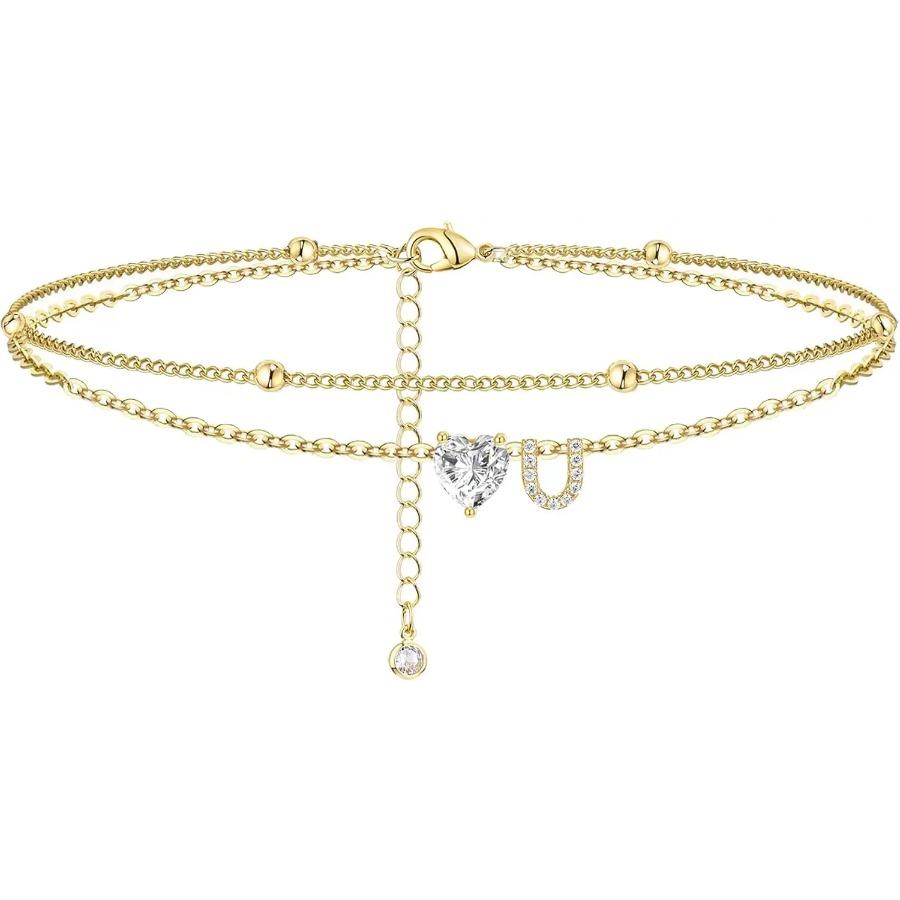 Ankle Bracelets for Women Waterproof 14K Gold Plated CZ Initial Dainty Layered Heart Anklets Foot Chain Summer Beach Jewelry