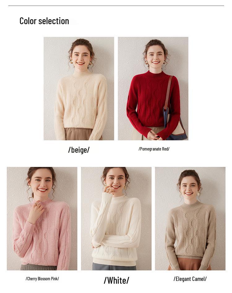 Women's Cable Knit Cashmere Top – Half-High Collar, Long Sleeve, Loose Fit, Versatile Sweater